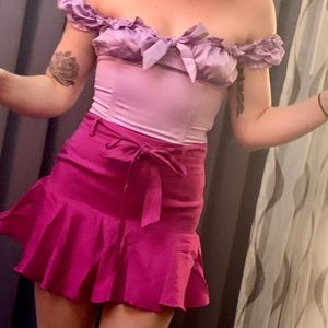 satin lilac frill top & achene magenta flare skirt